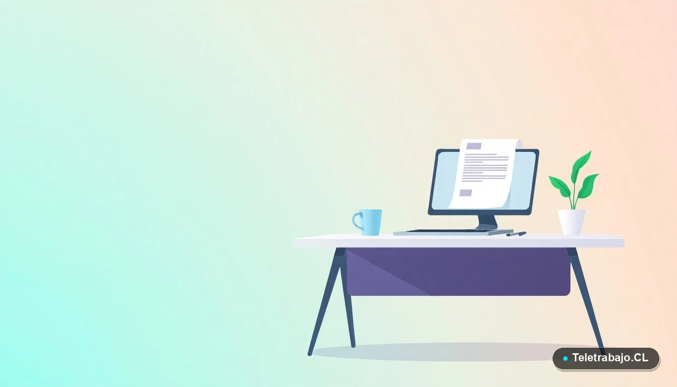 Escritorio moderno vacío con laptop, taza de café y una planta, sobre fondo degradado frío, representando una pausa en las operaciones laborales.