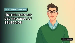 Ilustración plana de un trabajador masculino de tecnología con suéter verde, sobre un fondo degradado azul verdoso, representando los límites legales en procesos de selección laboral.