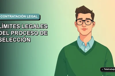 Ilustración plana de un trabajador masculino de tecnología con suéter verde, sobre un fondo degradado azul verdoso, representando los límites legales en procesos de selección laboral.