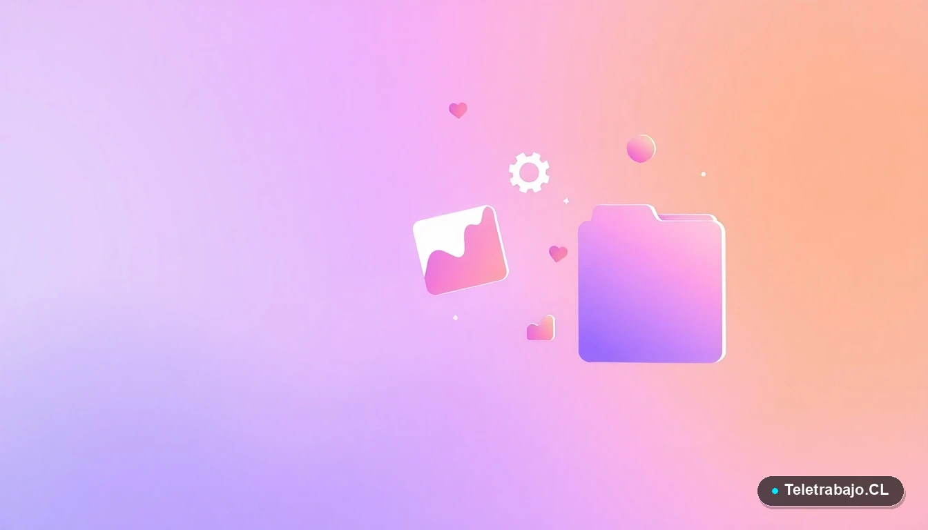 Composición abstracta de interfaz de usuario con gráficos flotantes y iconos minimalistas en tonos lavanda y durazno, sobre un fondo degradado.