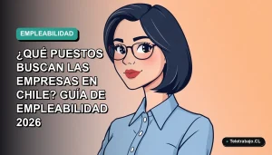 Ilustración plana corporativa de una mujer profesional chilena con blusa azul y corte bob, sobre fondo degradado verde azulado, representando las carreras más demandadas en Chile para 2026.