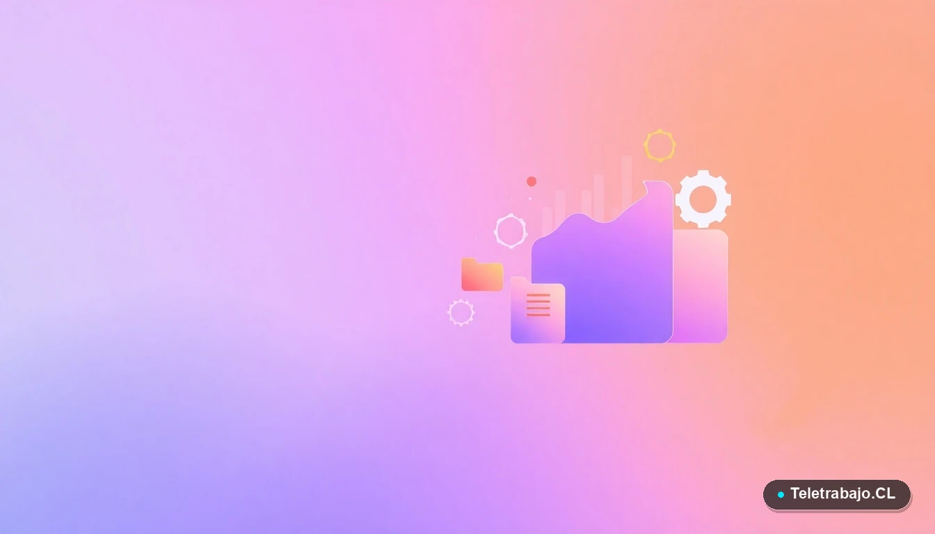 Composición abstracta de interfaz de usuario con gráficos flotantes, engranajes y carpetas en tonos lavanda y durazno, sobre fondo degradado, simbolizando datos y tendencias del mercado laboral chileno.