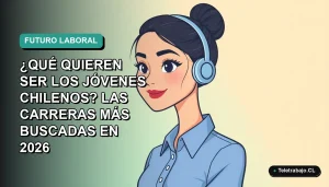 Ilustración vectorial plana de una joven profesional chilena sonriente, con blusa azul y pelo recogido, sobre fondo degradado verde azulado. Espacio negativo a la izquierda.