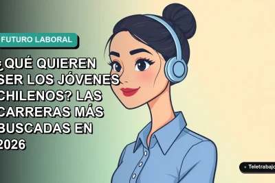 Ilustración vectorial plana de una joven profesional chilena sonriente, con blusa azul y pelo recogido, sobre fondo degradado verde azulado. Espacio negativo a la izquierda.