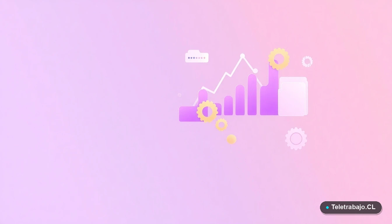 Composición abstracta de interfaz de usuario con gráficos flotantes, engranajes y carpetas en tonos lavanda y durazno, sobre fondo degradado lila, estilo vectorial plano corporativo.