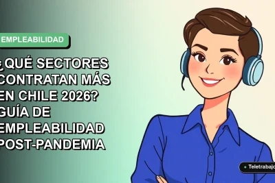 Ilustración plana corporativa de una mujer profesional chilena con blusa azul y pelo corto, sobre fondo degradado verde menta, representando el crecimiento laboral post-pandemia.