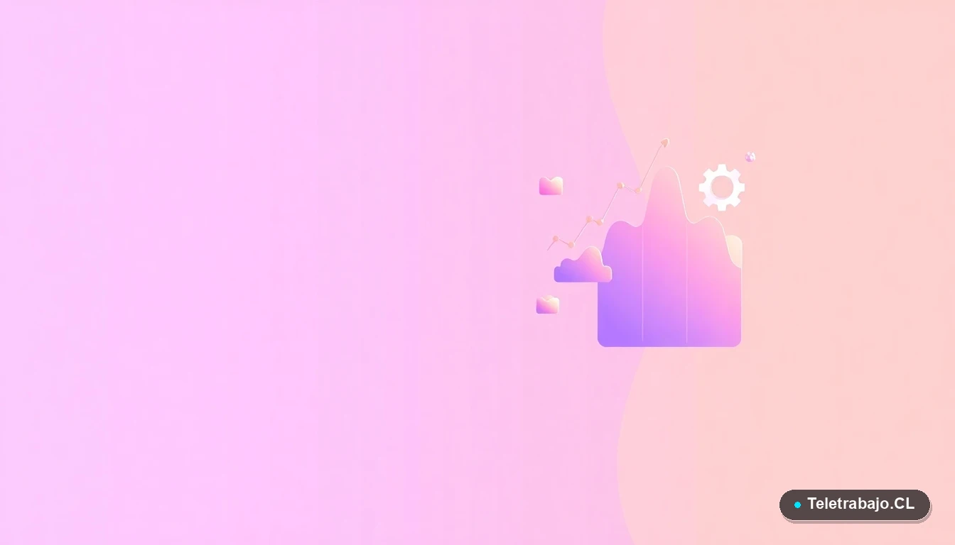 Composición abstracta de iconos tecnológicos: gráficos en alza, engranajes y carpetas flotantes en tonos lavanda y durazno, sobre fondo degradado, simbolizando análisis de datos y sectores en crecimiento.