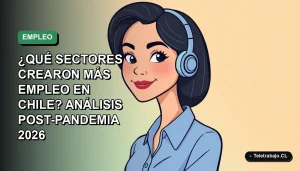 Ilustración vectorial plana de una mujer profesional chilena con blusa azul, sonriendo, sobre un fondo degradado verde y blanco. Representa el crecimiento del empleo en sectores tecnológicos post-pandemia.