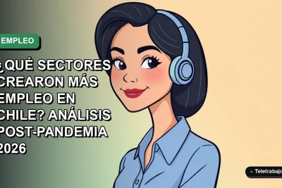 Ilustración vectorial plana de una mujer profesional chilena con blusa azul, sonriendo, sobre un fondo degradado verde y blanco. Representa el crecimiento del empleo en sectores tecnológicos post-pandemia.