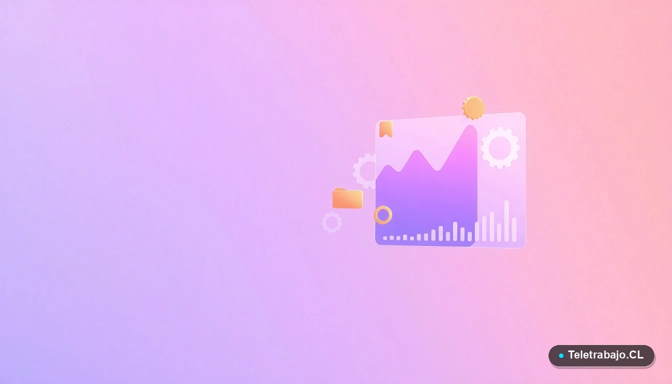 Elementos de interfaz de usuario abstractos y minimalistas, como gráficos y engranajes en tonos lavanda, flotando sobre un fondo degradado. Representa el análisis de datos y el sector tecnológico.