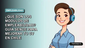 Ilustración vectorial plana de una mujer profesional chilena con blusa azul, sonriendo, sobre fondo degradado suave. Representa capacitación y empleabilidad.