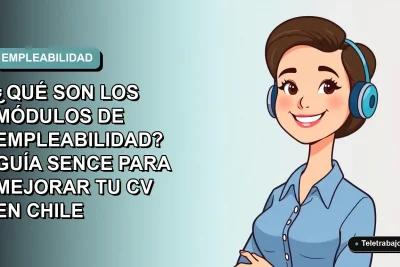 Ilustración vectorial plana de una mujer profesional chilena con blusa azul, sonriendo, sobre fondo degradado suave. Representa capacitación y empleabilidad.