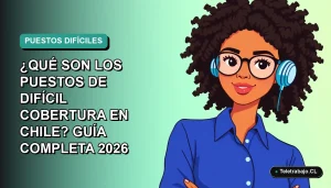 Ilustración vectorial plana de estilo Corporate Memphis de una mujer profesional chilena con blusa azul y lentes, representando un puesto de difícil cobertura, sobre fondo degradado verde azulado.