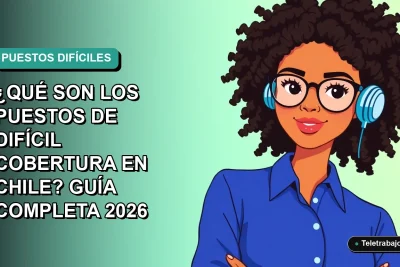 Ilustración vectorial plana de estilo Corporate Memphis de una mujer profesional chilena con blusa azul y lentes, representando un puesto de difícil cobertura, sobre fondo degradado verde azulado.