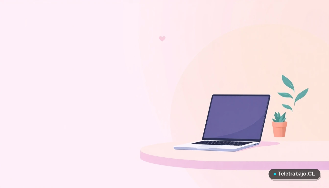 Escritorio moderno minimalista con laptop, taza de café y planta, concepto de espacio de trabajo para profesionales en puestos de difícil cobertura en Chile.