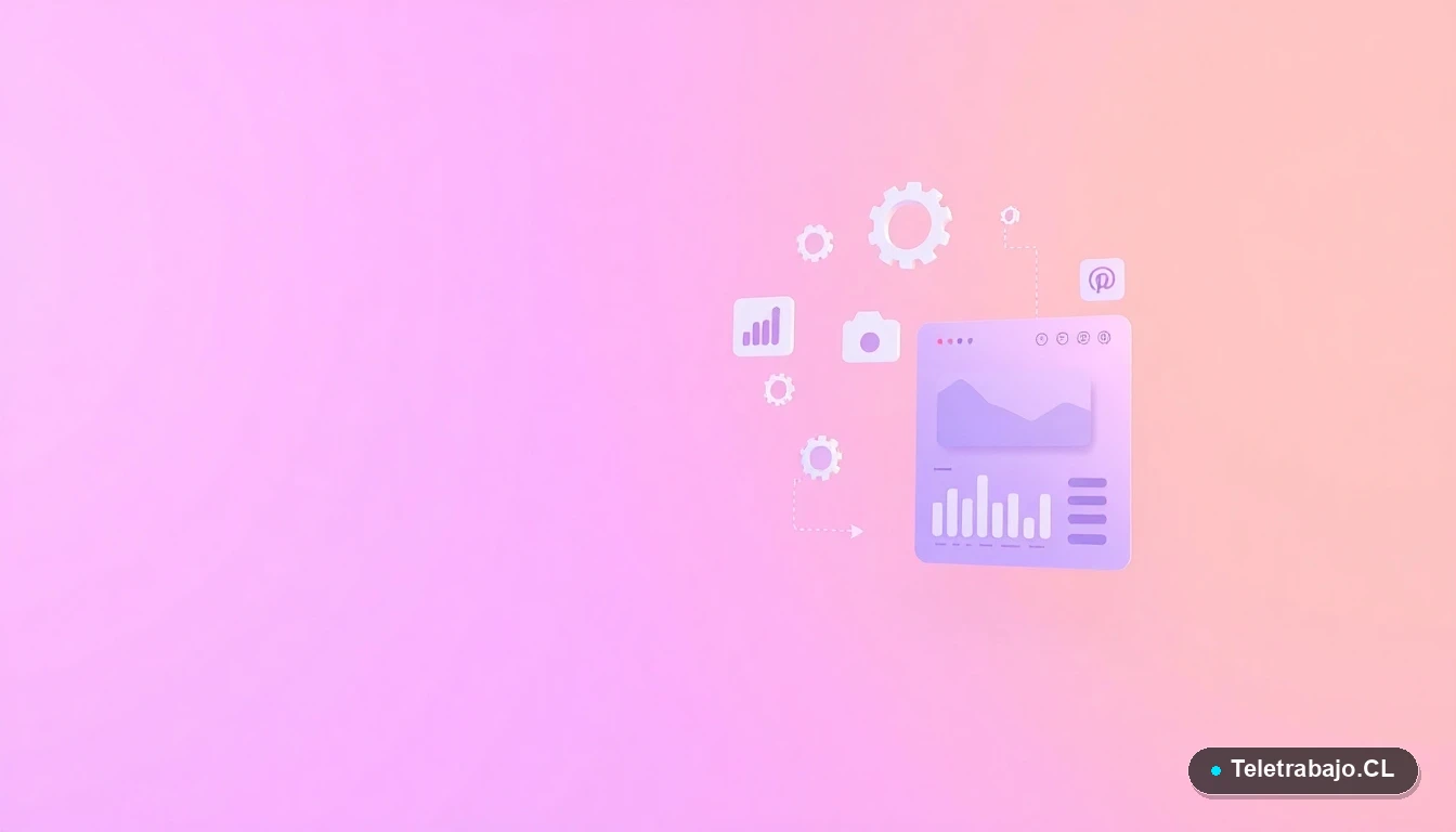 Elementos de interfaz de usuario abstractos y minimalistas: gráficos flotantes, engranajes y carpetas, sobre un fondo con gradiente lavanda, representando la búsqueda de empleo digital.