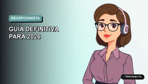 Ilustración plana de recepcionista virtual estilo Corporate Memphis para guía 2026, fondo gradiente suave.