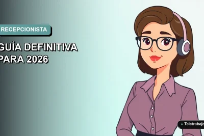 Ilustración plana de recepcionista virtual estilo Corporate Memphis para guía 2026, fondo gradiente suave.