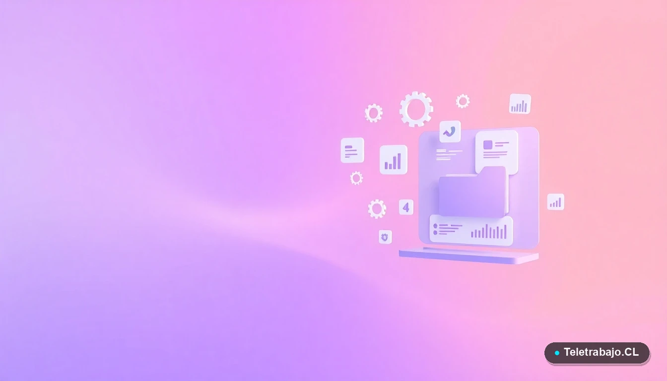 Interfaz de usuario abstracta con gráficos y iconos flotantes, representando tecnología de recepcionista virtual, fondo gradiente lavanda.