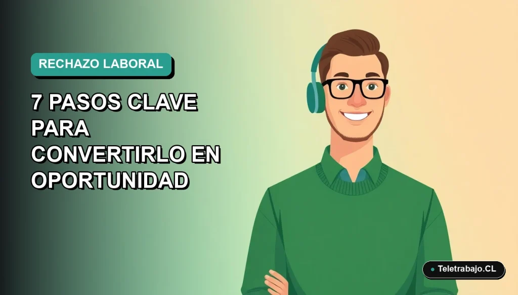 Ilustración vectorial plana de un trabajador masculino de tecnología, con suéter verde, mirando con actitud positiva a la izquierda, sobre un fondo degradado suave. Concepto de superación del rechazo laboral en Chile.