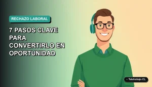 Ilustración vectorial plana de un trabajador masculino de tecnología, con suéter verde, mirando con actitud positiva a la izquierda, sobre un fondo degradado suave. Concepto de superación del rechazo laboral en Chile.