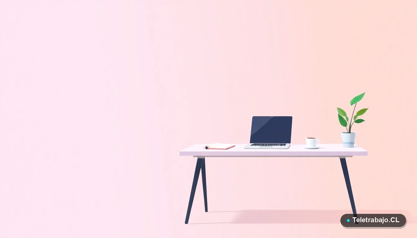 Ilustración vectorial de un escritorio moderno y minimalista con laptop, cuaderno y una planta, sobre un fondo degradado lavanda. Representa un espacio de trabajo organizado y la oportunidad de comenzar de nuevo.