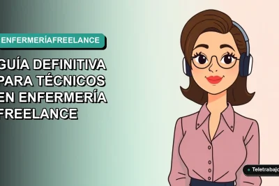 Técnica en enfermería freelance trabajando de forma remota con su computador portátil, recibiendo pagos internacionales en dólares. Ilustración plana vectorial estilo Corporate Memphis sobre fondo degradado verde azulado.