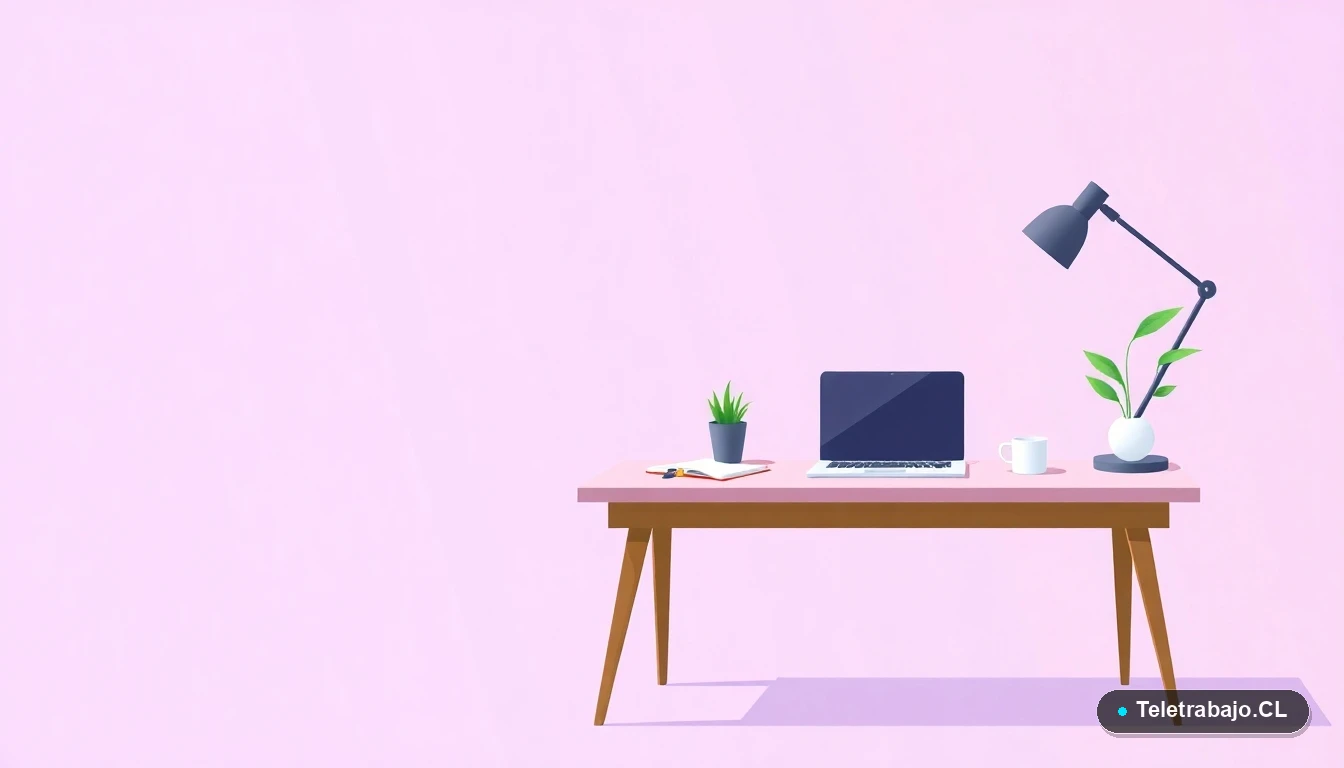 Escritorio moderno y minimalista para trabajo remoto, con laptop, cuaderno, café y una planta. Ilustración vectorial plana sobre fondo degradado lavanda, representando un espacio de trabajo profesional para freelancers.
