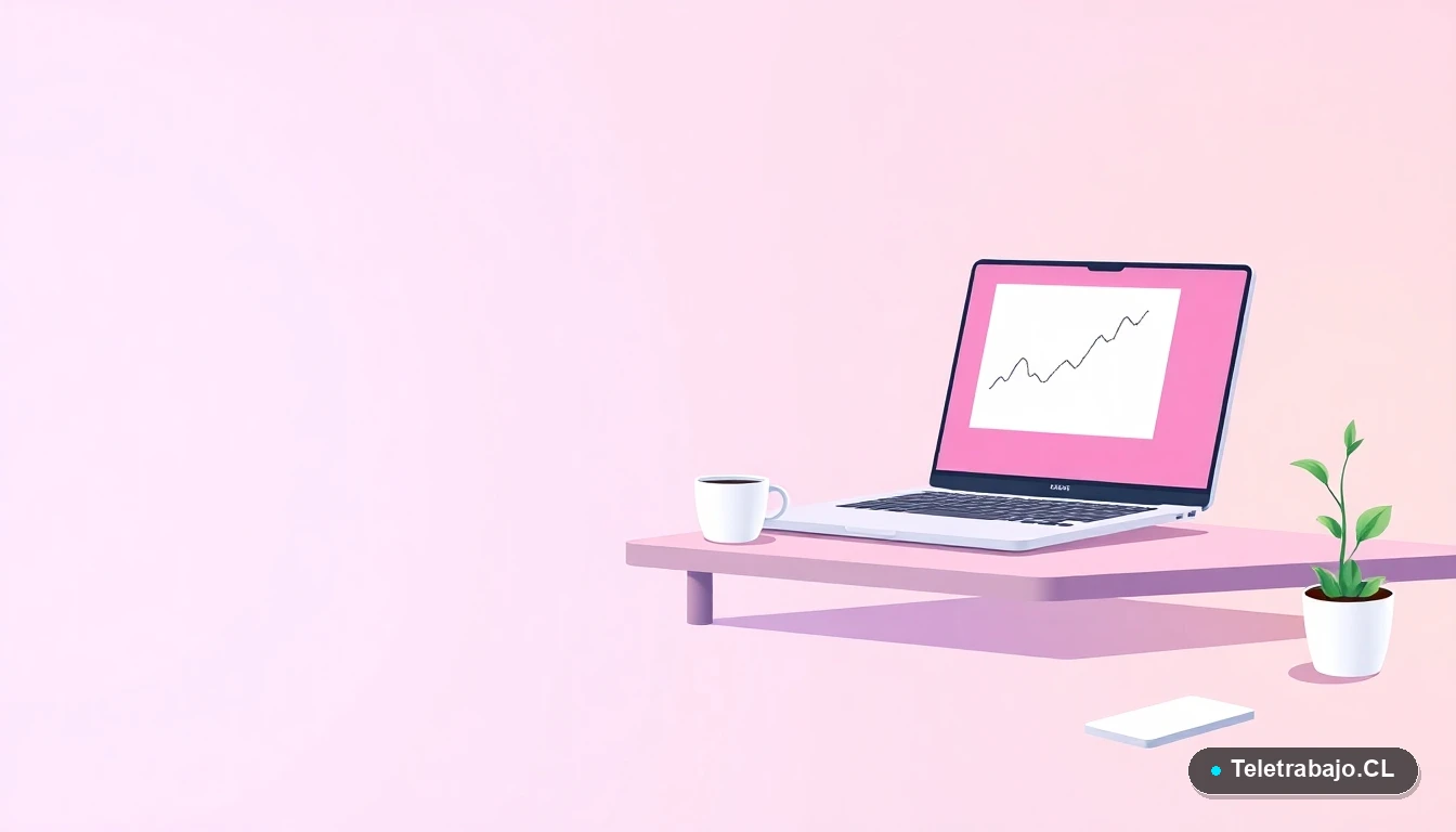 Ilustración vectorial de un escritorio moderno vacío con laptop, taza de café y planta, sobre fondo degradado lavanda y durazno, representando un espacio de trabajo remoto.