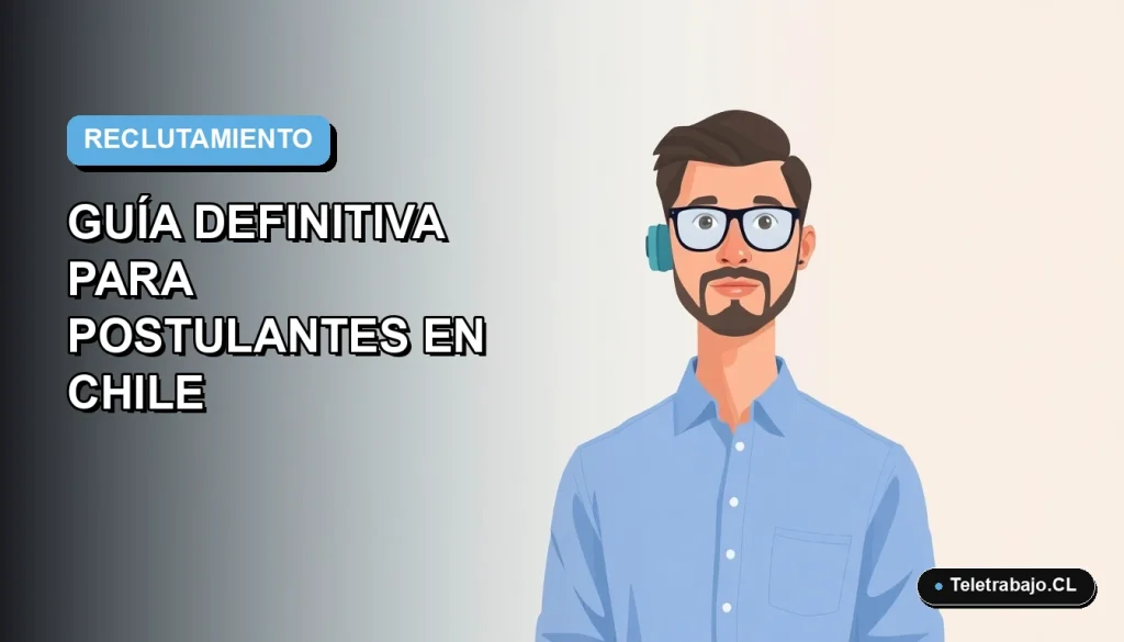 Ilustración plana vectorial de un trabajador remoto masculino con suéter azul, sobre un fondo degradado azul y blanco, representando la guía para postulantes en Chile.
