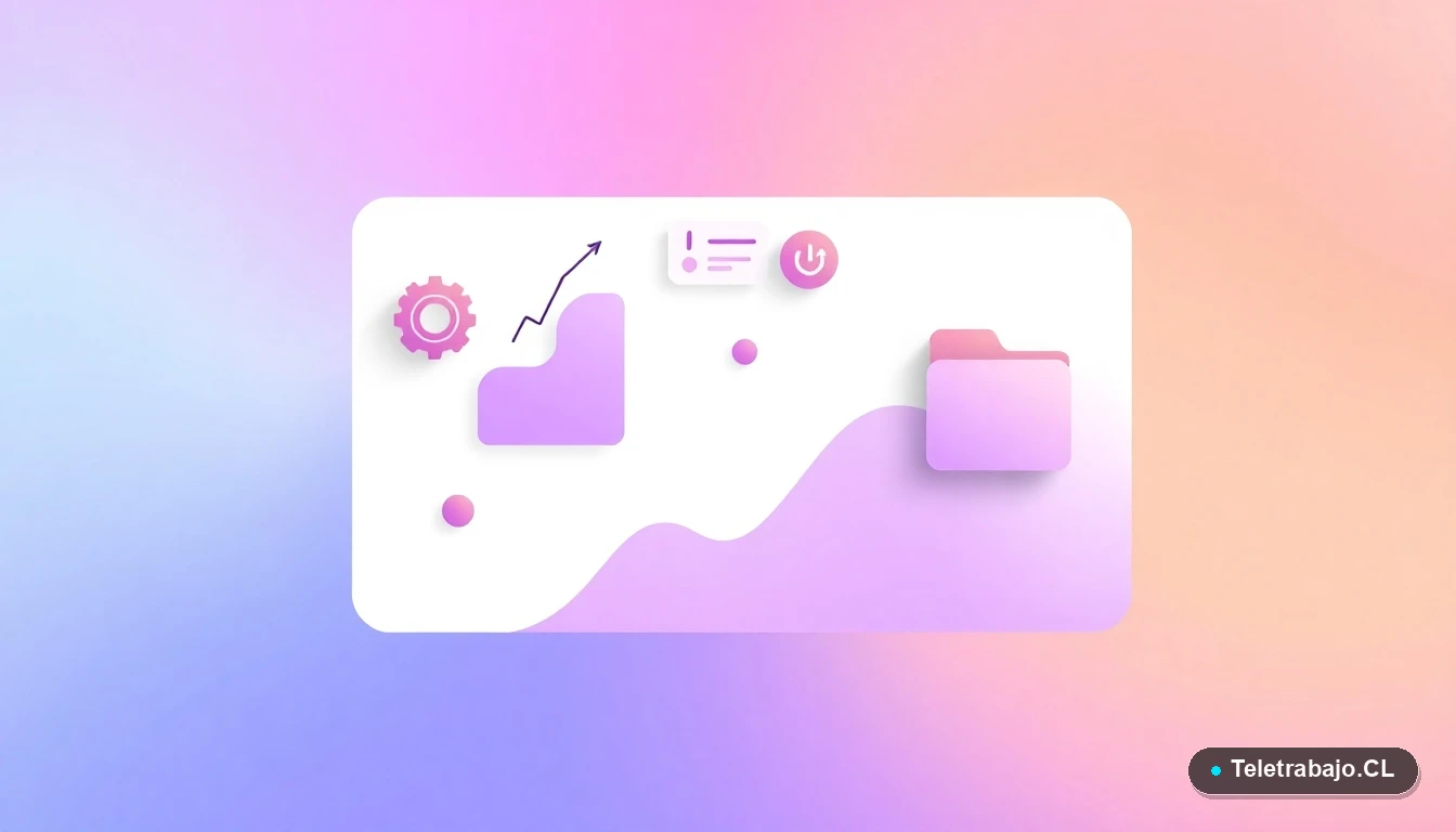 Composición abstracta de interfaz de usuario con gráficos y engranajes flotantes en colores lavanda y durazno, sobre fondo degradado lila, concepto de procesos de contratación tecnológicos.