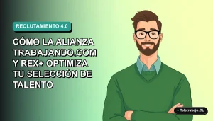 Ilustración vectorial plana de un trabajador masculino de tecnología en Chile, estilo Corporate Memphis, sobre fondo degradado azul verdoso.