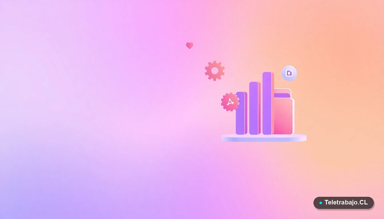 Elementos abstractos de interfaz de usuario tecnológica: gráficos, engranajes y carpetas flotantes, sobre fondo degradado lavanda, representando la optimización del reclutamiento digital.