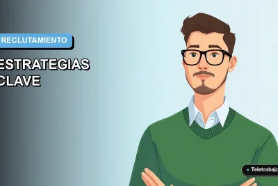 Ilustración plana corporativa de un trabajador remoto masculino en estilo vectorial, sobre un fondo degradado azul, representando el reclutamiento en redes sociales.