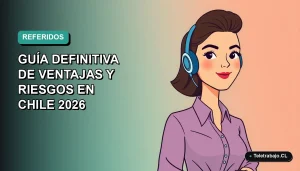 Ilustración plana corporativa de una trabajadora chilena sonriente, estilo vector moderno, sobre fondo degradado azul verdoso. Representa el concepto de recomendar a un amigo en el trabajo.