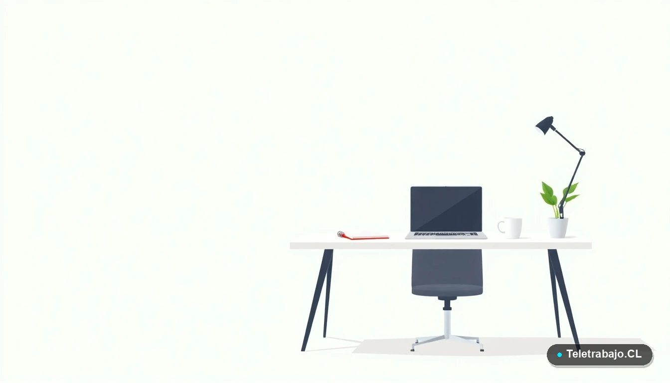 Escritorio moderno minimalista vacío con laptop, cuaderno, taza de café y una planta, en estilo de ilustración vectorial plana. Concepto de espacio de trabajo para teletrabajo o recomendación laboral.