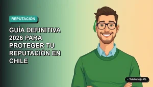 Ilustración vectorial plana de un trabajador masculino de tecnología en Chile, fondo degradado azul verdoso, concepto de recomendación laboral.