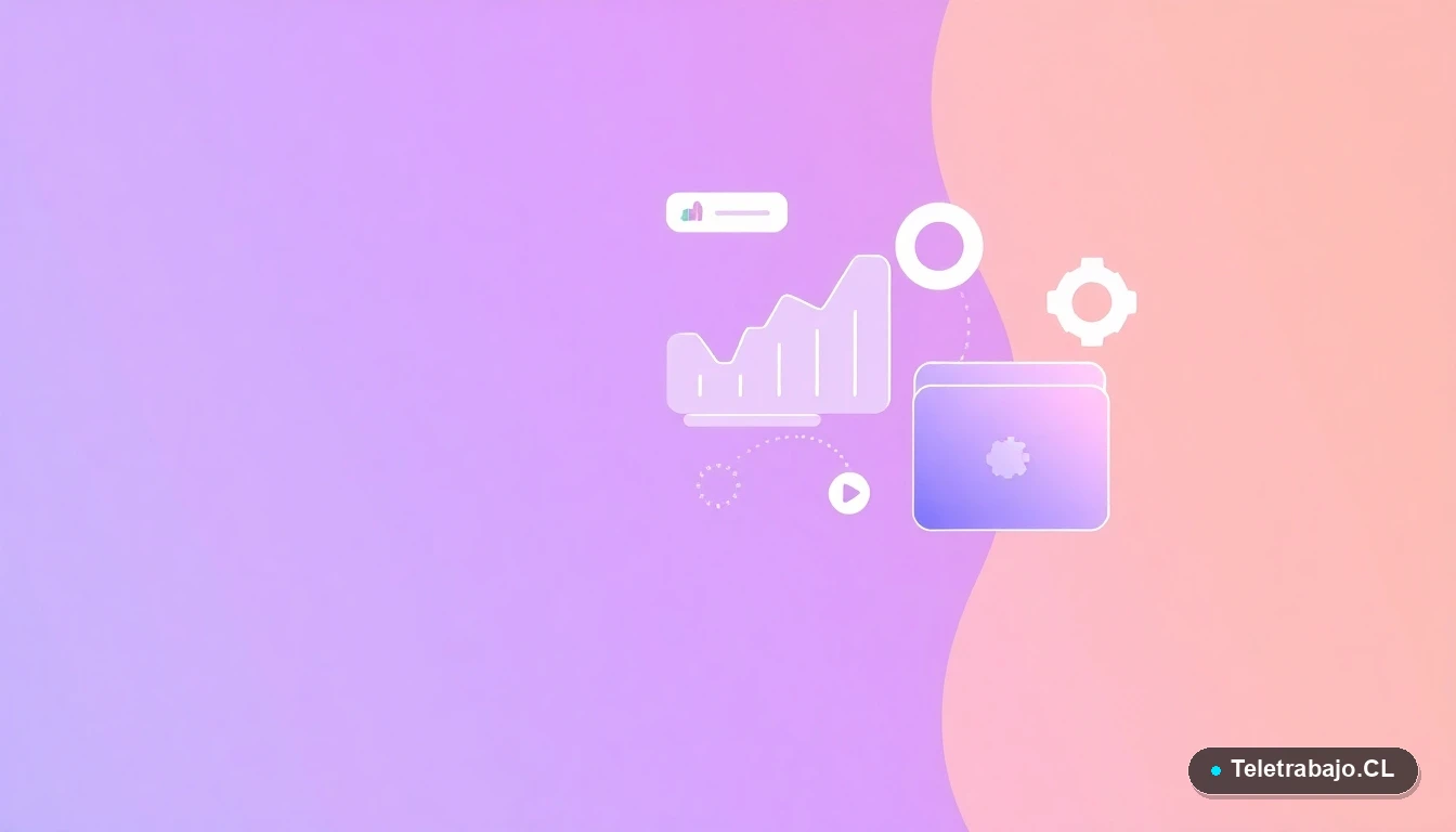 Elementos de interfaz de usuario abstractos y modernos, gráficos y engranajes flotantes, fondo degradado lila, concepto de procesos y recomendaciones laborales en Chile.