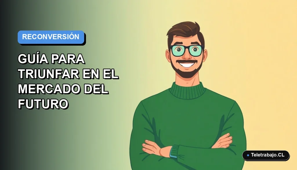 Ilustración plana vectorial de un trabajador chileno sonriendo, con fondo degradado azul, representando la reconversión laboral digital en Chile 2026.