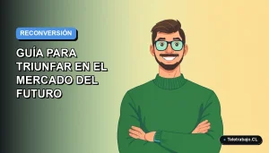 Ilustración plana vectorial de un trabajador chileno sonriendo, con fondo degradado azul, representando la reconversión laboral digital en Chile 2026.