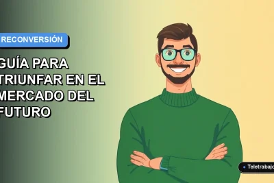 Ilustración plana vectorial de un trabajador chileno sonriendo, con fondo degradado azul, representando la reconversión laboral digital en Chile 2026.