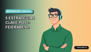 Ilustración plana corporativa de un trabajador masculino de tecnología con suéter verde, sobre fondo degradado azul verdoso, representando la recuperación de la motivación laboral.