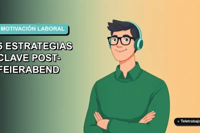 Ilustración plana corporativa de un trabajador masculino de tecnología con suéter verde, sobre fondo degradado azul verdoso, representando la recuperación de la motivación laboral.