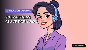 Ilustración plana corporativa de una mujer profesional de teletrabajo sonriente, con fondo degradado lavanda suave. Espacio negativo a la izquierda.