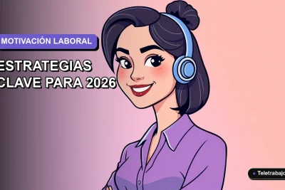 Ilustración plana corporativa de una mujer profesional de teletrabajo sonriente, con fondo degradado lavanda suave. Espacio negativo a la izquierda.