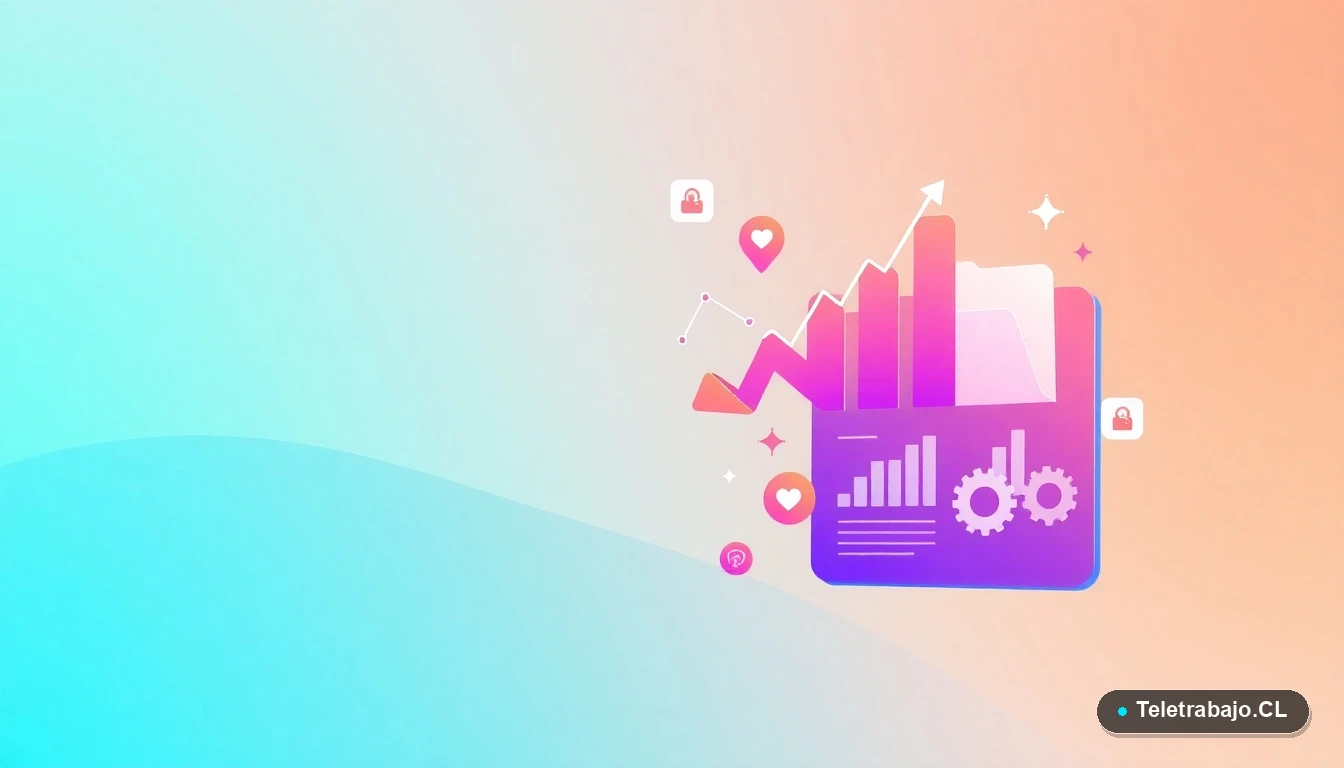 Ilustración abstracta de interfaz tecnológica con gráficos y iconos flotantes, sobre fondo degradado mint y teal. Concepto de productividad y datos.