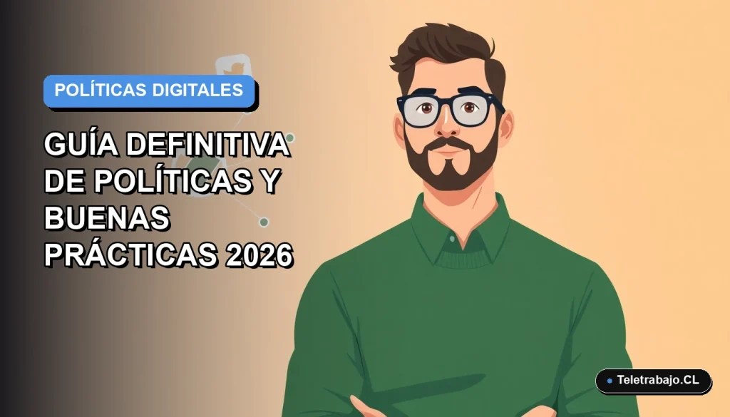 Ilustración vectorial plana de un trabajador remoto masculino moderno junto a un teléfono y gráficos abstractos, sobre fondo degradado azul, representando políticas de redes sociales en el trabajo en Chile.