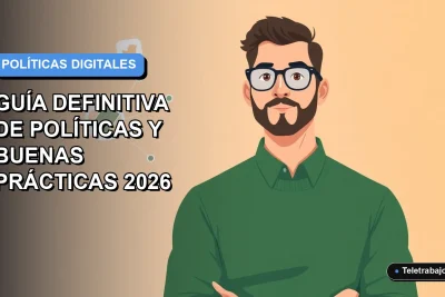Ilustración vectorial plana de un trabajador remoto masculino moderno junto a un teléfono y gráficos abstractos, sobre fondo degradado azul, representando políticas de redes sociales en el trabajo en Chile.