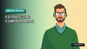 Ilustración plana vectorial de un trabajador masculino de tecnología, estilo Corporate Memphis, sobre un fondo degradado azul verdoso. Estrategias para buscar trabajo en redes sociales en Chile 2026.