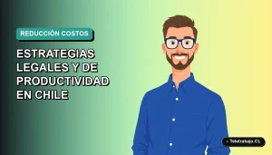 Ilustración vectorial plana de trabajador remoto masculino con camisa azul, sobre fondo degradado verde azulado, representando estrategias de productividad y reducción de costes laborales en Chile para 2026.